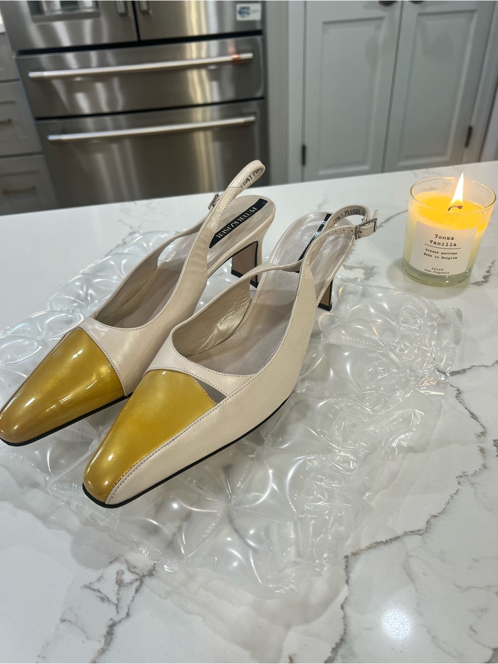 Vintage Y2K NWOT Peter Kaiser metallic gold Cream Slingback heels SZ 10 1/2